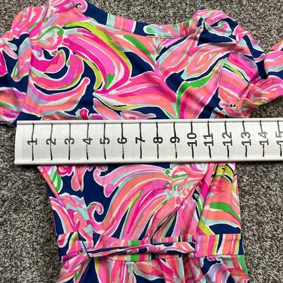 Lilly Pulitzer Romper Womens XS Navy Pink Floral Tie Waist Short Sleeve - Picture 4 of 7